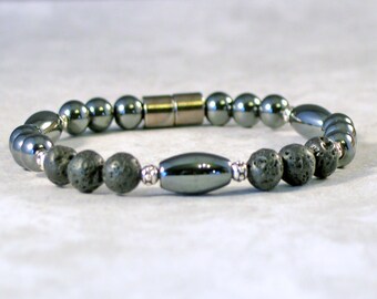 Black Hematite Magnetic Bracelet with Magnetic Clasp, Lava Rock Bracelet, Magnetic Therapy Bracelet, Hematite Jewelry