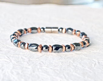 Black Hematite Magnetic Bracelet with Magnetic Clasp, Bracelet for Pain, Hematite Jewelry, Copper Bead Jewelry