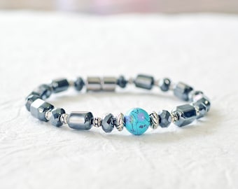 Magnetic Hematite Bracelet with Magnetic Clasp, Black/Turquoise Hematite Jewelry, Balance Bracelet