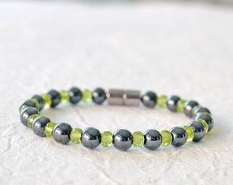 Magnetic Bracelet Ankle Bracelet with Magnetic Clasp, Black Hematite Jewelry, Peridot Czech Glass Jewelry