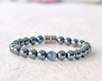 Black Hematite Magnetic Bracelet with Magnetic Clasp, Magnetic Therapy Jewelry for Men, Bracelet for Pain, Grey Cat's Eye Jewelry