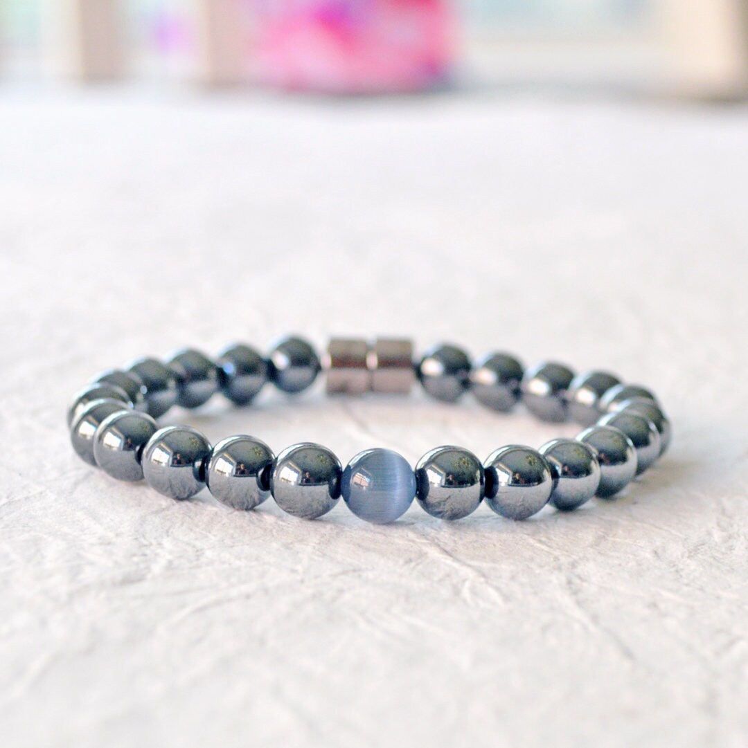 Black Hematite Magnetic Bracelet, Magnetic Clasp Bracelet, Magnetic Therapy Jewelry for Men, Grey Cat's Eye Jewelry