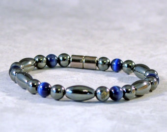 Magnetic Bracelet for Men with Magnetic Clasp, Black Hematite Jewelry, Dark Blue Cat's Eye Jewelry