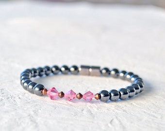 Magnetic Bracelet with Magnetic Clasp, Black Hematite Jewelry, Magnetic Hematite Bracelet, Pink Crystal Bracelet