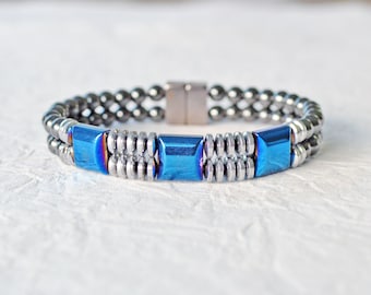 Double Strand Magnetic Bracelet, Silver Metallic Hematite Jewelry with Magnetic Clasp, Blue Metallic Magnetic Hematite Bracelet