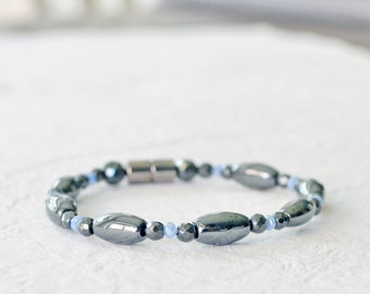 Magnetic Hematite Bracelet Ankle Bracelet for Pain, Black Hematite Jewelry with Magnetic Clasp, Light Blue Crystal Jewelry