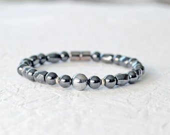 Magnetic Bracelet with Magnetic Clasp, Black Hematite Jewelry, Silver Hematite Bracelet, Magnetic Hematite Jewelry