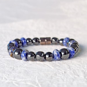 Magnetic Bracelet for Men with Magnetic Clasp, Black Hematite Jewelry, Magnetic Therapy Bracelet, Sodalite Bracelet