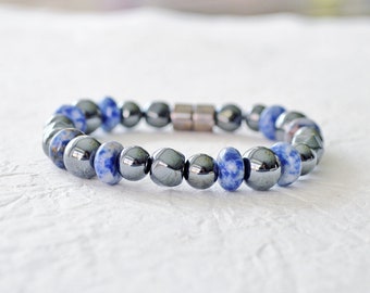 Magnetic Bracelet for Men with Magnetic Clasp, Black Hematite Jewelry, Magnetic Therapy Bracelet, Sodalite Bracelet