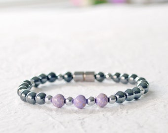 Magnetic Hematite Bracelet for Pain with Magnetic Clasp, Black Hematite Jewelry, Purple Riverstone Jewelry