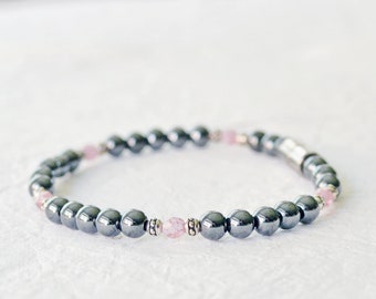 Magnetic Bracelet Ankle Bracelet with Pink Czech Glass Beads and Magnetic Clasp, Black Hematite Jewelry, Womens Magnetic Bracelet