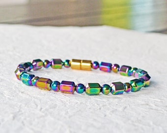 Rainbow Magnetic Iridescent Hematite Bracelet with Magnetic Clasp, Rainbow Hematite Jewelry, Magnetic Anklet