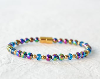 Rainbow Hematite Magnetic Bracelet with Aqua Blue Czech Glass and Magnetic Clasp, Iridescent Rainbow Bracelet, Ankle Bracelet for Women