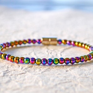 Rainbow Hematite Magnetic Bracelet Ankle Bracelet with Magnetic Clasp, Iridescent Hematite Jewelry, Magnetic Anklet