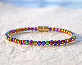 Rainbow Hematite Magnetic Bracelet Ankle Bracelet with Magnetic Clasp, Iridescent Hematite Jewelry, Magnetic Anklet
