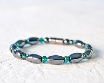 Magnetic Bracelet Ankle Bracelet with Magnetic Clasp, Black Hematite Jewelry, Green Czech Glass Bead Bracelet