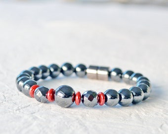 Black Hematite Magnetic Bracelet with Magnetic Clasp, Magnetic Therapy Jewelry, Red Czech Glass Bracelet for Women