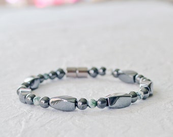Magnetic Hematite Therapy Bracelet, Black Hematite Jewelry with Magnetic Closure, Tree Agate Jewelry