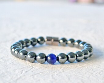 Black Hematite Magnetic Bracelet with Magnetic Clasp, Magnetic Therapy Jewelry for Men, Dark Blue Cat's Eye Jewelry