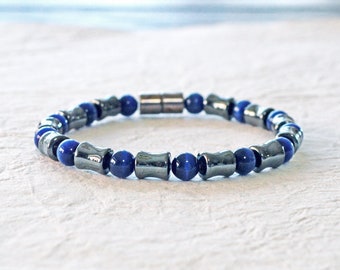 Magnetic Therapy Bracelet for Men with Magnetic Clasp and Blue Cat's Eye Beads, Black Hematite Jewelry