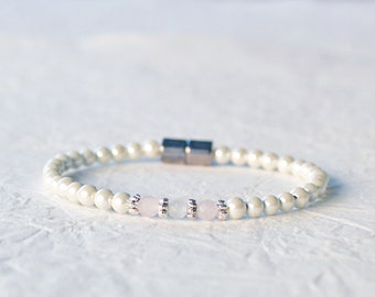Magnetic Bracelet with  Magnetic Clasp, Cream Pearl Hematite Bracelet, Magnetic Hematite Jewelry, Pink Quartz Jewelry