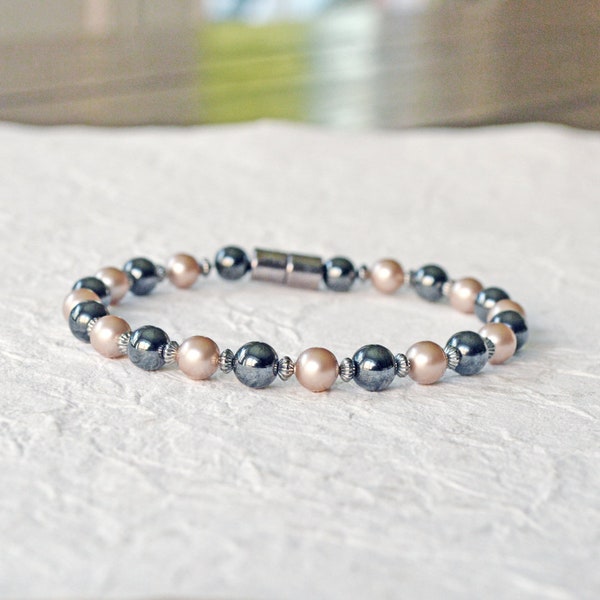 Magnetic Bracelet with Magnetic Clasp, Black Hematite Jewelry, Grounding Bracelet, Bronze Swarovski Pearl Beads