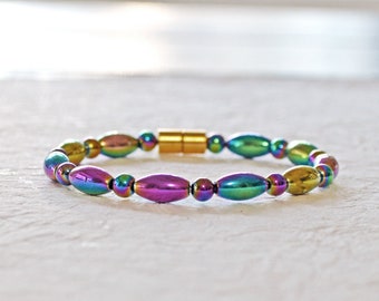 Rainbow Hematite Magnetic Bracelet Ankle Bracelet, Iridescent Hematite Jewelry, Magnetic Therapy Jewelry