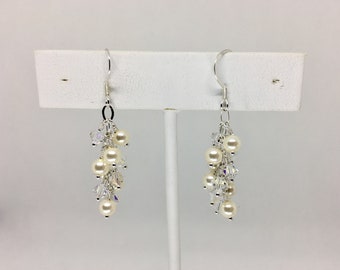 Sterling Silver Pearl Earrings, Crystal Cluster Dangle Earrings, Handmade Bridal Jewelry, Bridesmaid Gift