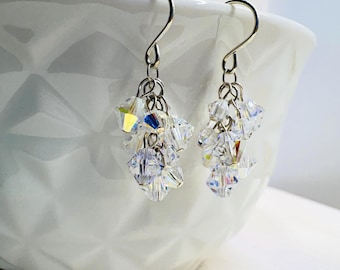 Sterling Silver Crystal Cluster Earrings | Swarovski Drop Earrings | Bridal Bridesmaid Jewelry