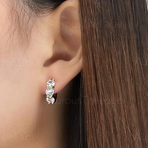Three Stones Huggie Hoop Earrings, Delicate Round Cut CZ Diamond Hoops, Elegant CZ Huggie Hoops, Minimalist Earrings, Dainty Hinged Hoops