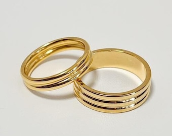 Gold Ribbed Band Ring, Minimalist Gold Linear Ring, Sleek Double Ring, Triple Band Ring, Dainty Ribbed Wedding Ring, 18K Gold Stackable Ring