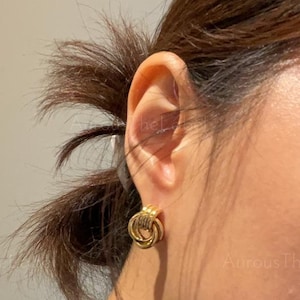 Double Hoop Stud Earrings, 18K Gold Triple Knot Earrings, Elegant Multi Layer Knot Earrings, Small Knotted Earrings, Geometric Drop Earrings
