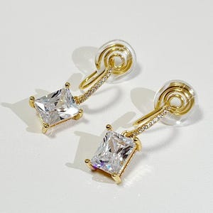 CZ Diamond Clip On Hoop Earrings, 14K Gold Plated Charm Hoop Earrings, Gold Dangle Earrings, Diamond Drop Clip On Earrings, Non Pierced