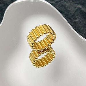 Wide Gold Ribbed Band Ring, Chunky Modern Textured Statement Ring