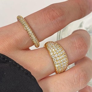 Pave Eternity Ring, Gold Half Eternity Ring, 18K Gold Plated Bridal Wedding Band, Chunky Dome Eternity Ring, Diamond Engagement Ring