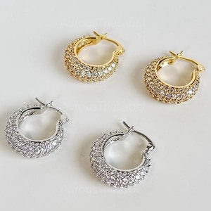Aros de diamantes, pendientes de oro pavé de 18 quilates, delicados aros pequeños, aros de diamantes pavé, aros de diamantes con circonita cúbica, pendientes de novia