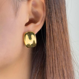 Minimalist Rectangle Button Stud Earrings, Large Rectangle Earrings, Bold Rectangular Stud Earrings, Modern Gold Earrings