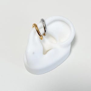 Op de afbeelding: Twee oorringen, een gouden en een zilveren, getoond op een wit oormodel.