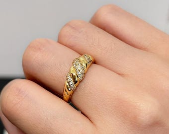 Pave Croissant Ring, Gold Croissant Pave Dome Ring, 18K Gold Plated CZ Twisted Ring, Dainty Ridge Dome Ring, Diamond Twisted Classic Ring