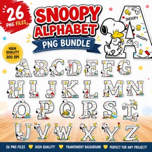 May include: A Snoopy alphabet PNG bundle featuring 26 letters, each decorated with Snoopy and Woodstock illustrations. The letters are white with a patterned design and Snoopy characters. The image includes the text "Snoopy Alphabet PNG Bundle".