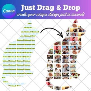 May include: A digital graphic template featuring a cat-shaped outline filled with placeholder landscape images on the left and a completed cat-shaped photo collage on the right. Text reads: Just Drag & Drop create your unique design just in seconds.