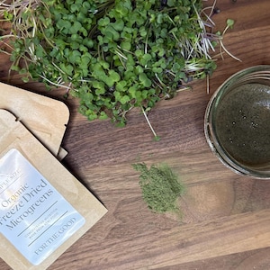 Op de afbeelding: Een bovenaanzicht toont een houten oppervlak met verse microgroenten, een kleine hoop groen poeder en een glazen pot met een groene vloeistof. Een zakje "Organic Freeze Dried Microgreens" is zichtbaar, met de tekst "FOR THE GOOD".