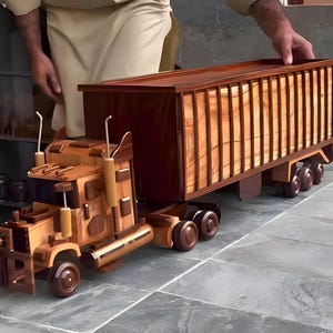 Handmade Wooden Truck Toy Set (Pack of 4) | Solid Wood Tractor Trailer Toys | Rustic Collectible Trucks | Handmade Wooden Gifts for Kids