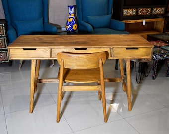 Phoenician Study Desk with Chair | 3 Drawer Solid Pine | Mid Century Home Office Set | Peshawar