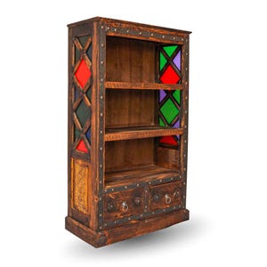 Handcrafted Stained Glass Bookshelf – Elegant Pine Wood Storage