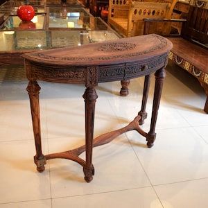 Handmade Antique Collectors Console – D-Shaped Pine Wood Table with Drawer