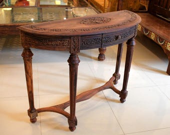 Handmade Antique Collectors Console – D-Shaped Pine Wood Table with Drawer