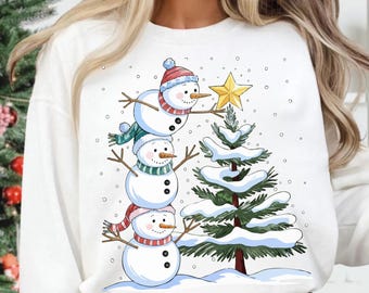 Snowman Pine Tree Christmas Sweatshirt, Winter Vibes Crewneck, Kid Snow Sweatshirt, Xmas Long sleeve