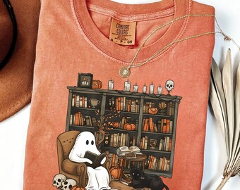 Cute Ghost Reading Book Halloween  Comfort Colors® Tshirt, Ghost Reading Book Girly Shirt, Ghost Girly Halloween Gift, Trendy Halloween Gift