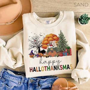 Happy Hallothanksmas Sweatshirt, Halloween Gift For Women ,Christmas Sweatshirt, Cute Thanksgiving Sweater, Colorful Halloween Sweatshirt